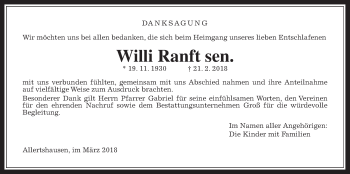 Traueranzeige von Willi Ranft von Rabenauer Zeitung