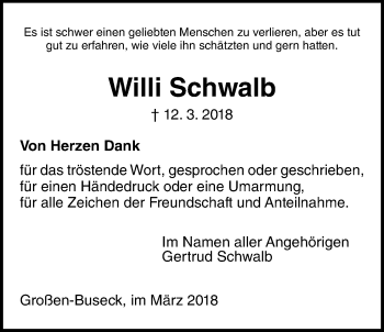 Traueranzeige von Willi Schwalb von Giessener Allgemeine, Alsfelder Allgemeine