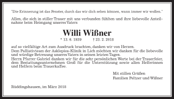 Traueranzeige von Willi Wißner von Rabenauer Zeitung