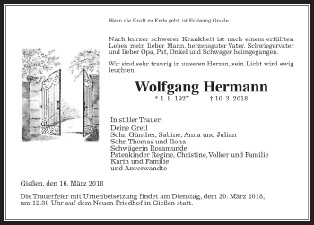 Traueranzeige von Wolfgang Hermann von Giessener Allgemeine, Alsfelder Allgemeine