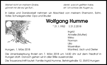 Traueranzeige von Wolfgang Humme von Licher Wochenblatt, Licher Wochenblatt, Licher Wochenblatt