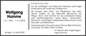 Traueranzeige von Wolfgang Humme von Licher Wochenblatt, Licher Wochenblatt, Licher Wochenblatt