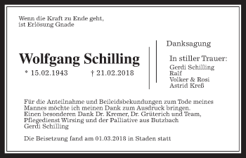 Traueranzeige von Wolfgang Schilling von Wetterauer Zeitung, Wetterauer Zeitung