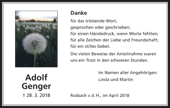 Traueranzeige von Adolf Genger von Wetterauer Zeitung, Wetterauer Zeitung