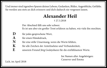 Traueranzeige von Alexander Heil von Licher Wochenblatt, Licher Wochenblatt, Licher Wochenblatt