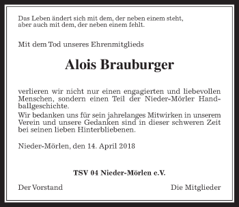 Traueranzeige von Alois Braubruger von Wetterauer Zeitung, Wetterauer Zeitung