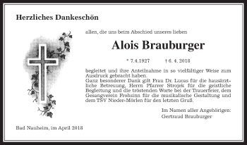 Traueranzeige von Alois Brauburger von Wetterauer Zeitung, Wetterauer Zeitung