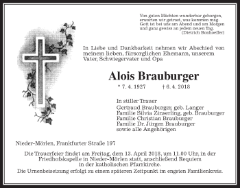 Traueranzeige von Alois Brauburger von Wetterauer Zeitung, Wetterauer Zeitung