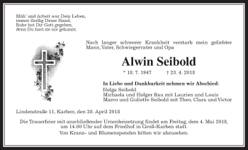 Traueranzeige von Alwin Seibold von Wetterauer Zeitung