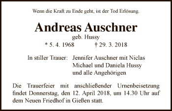 Traueranzeige von Andreas Auschner von Giessener Allgemeine, Alsfelder Allgemeine