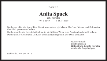 Traueranzeige von Anita Spuck von Wetterauer Zeitung, Wetterauer Zeitung