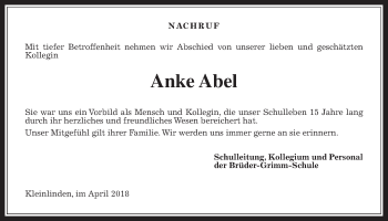 Traueranzeige von Anke Abel von Giessener Allgemeine, Alsfelder Allgemeine