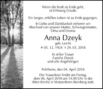 Traueranzeige von Anna Dzeyk von Giessener Allgemeine, Alsfelder Allgemeine