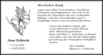 Traueranzeige von Anna Tschiesche von Giessener Allgemeine, Alsfelder Allgemeine