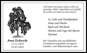 Traueranzeige von Anna Tschiesche von Giessener Allgemeine, Alsfelder Allgemeine