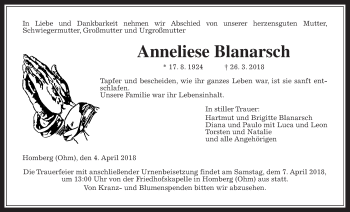 Traueranzeige von Anneliese Blanarsch von Alsfelder Allgemeine