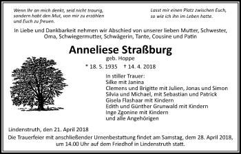Traueranzeige von Anneliese Straßburg von Giessener Allgemeine, Alsfelder Allgemeine