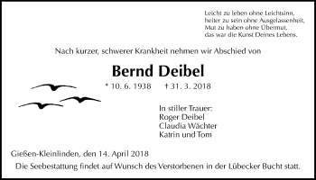 Traueranzeige von Bernd Deibel von Giessener Allgemeine, Alsfelder Allgemeine