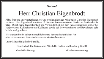 Traueranzeige von Christian Eigenbrodt von Giessener Allgemeine, Alsfelder Allgemeine