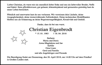 Traueranzeige von Christian Eigenbrodt von Giessener Allgemeine, Alsfelder Allgemeine