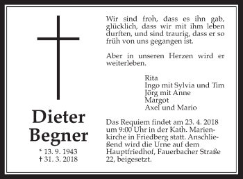 Traueranzeige von Dieter Begner von Wetterauer Zeitung, Wetterauer Zeitung