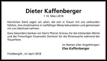 Traueranzeige von Dieter Kaffenberger von Wetterauer Zeitung, Wetterauer Zeitung