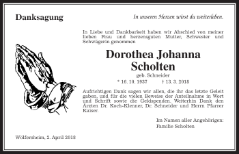 Traueranzeige von Dorothea Johanna Scholten von Wetterauer Zeitung, Wetterauer Zeitung