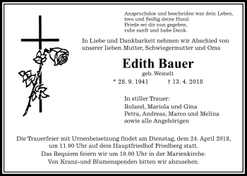 Traueranzeige von Edith Bauer von Wetterauer Zeitung, Wetterauer Zeitung
