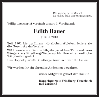Traueranzeige von Edith Bauer von Wetterauer Zeitung, Wetterauer Zeitung