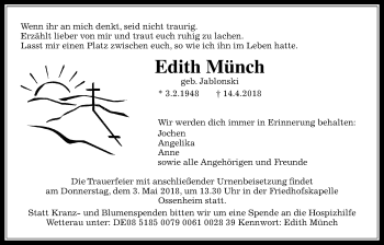 Traueranzeige von Edith Münch von Wetterauer Zeitung, Wetterauer Zeitung