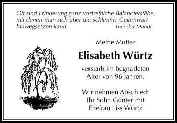 Traueranzeige von Elisabeth Würtz von Licher Wochenblatt, Licher Wochenblatt, Licher Wochenblatt