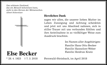 Traueranzeige von Else Becker von Giessener Allgemeine, Alsfelder Allgemeine
