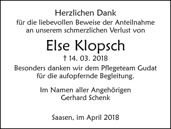 Traueranzeige von Else Klopsch von Giessener Allgemeine, Alsfelder Allgemeine