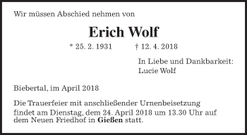 Traueranzeige von Erich Wolf von Giessener Allgemeine, Alsfelder Allgemeine