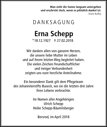 Traueranzeige von Erna Schepp von Giessener Allgemeine, Alsfelder Allgemeine