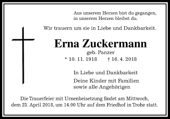 Traueranzeige von Erna Zuckermann von Giessener Allgemeine, Alsfelder Allgemeine