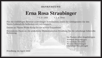 Traueranzeige von Erna Rosa Straubinger von Wetterauer Zeitung, Wetterauer Zeitung