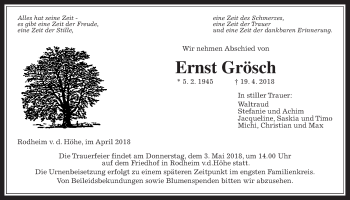 Traueranzeige von Ernst Grösch von Wetterauer Zeitung, Wetterauer Zeitung