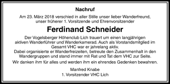 Traueranzeige von Ferdinand Schneider von Licher Wochenblatt, Licher Wochenblatt, Licher Wochenblatt