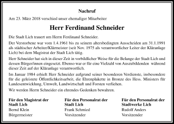 Traueranzeige von Ferdinand Schneider von Licher Wochenblatt, Licher Wochenblatt, Licher Wochenblatt