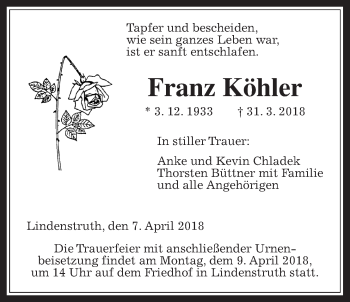 Traueranzeige von Franz Köhler von Giessener Allgemeine, Alsfelder Allgemeine