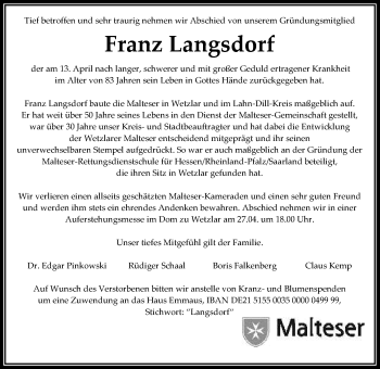 Traueranzeige von Franz Langsdorf von Giessener Allgemeine, Alsfelder Allgemeine