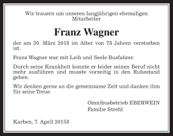 Traueranzeige von Franz Wagner von Wetterauer Zeitung, Wetterauer Zeitung