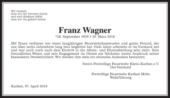 Traueranzeige von Franz Wagner von Wetterauer Zeitung, Wetterauer Zeitung