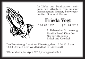 Traueranzeige von Frieda Vogt von Wetterauer Zeitung, Wetterauer Zeitung