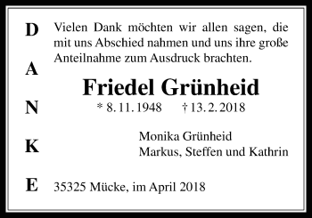 Traueranzeige von Friedel Grünheid von Mücker Stimme