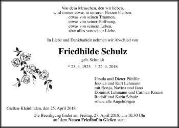 Traueranzeige von Friedhilde Schulz von Giessener Allgemeine, Alsfelder Allgemeine
