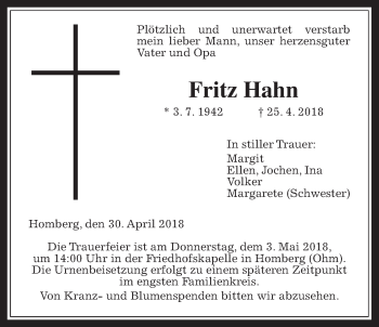 Traueranzeige von Fritz Hahn von Alsfelder Allgemeine