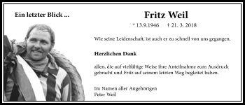 Traueranzeige von Fritz Weil von Wetterauer Zeitung, Wetterauer Zeitung
