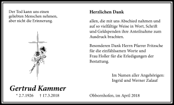Traueranzeige von Gertrud Kammer von Licher Wochenblatt, Licher Wochenblatt, Licher Wochenblatt